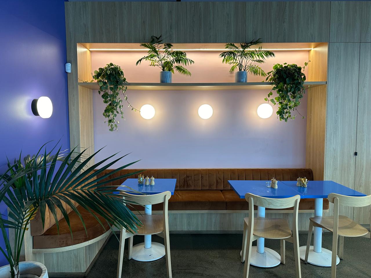 A modern café seating area featuring blue tables and light wooden chairs. A cushioned brown bench is set against a wooden backdrop with built-in shelves holding potted plants. The wall is accented with circular light fixtures, and a large green plant is in the foreground.